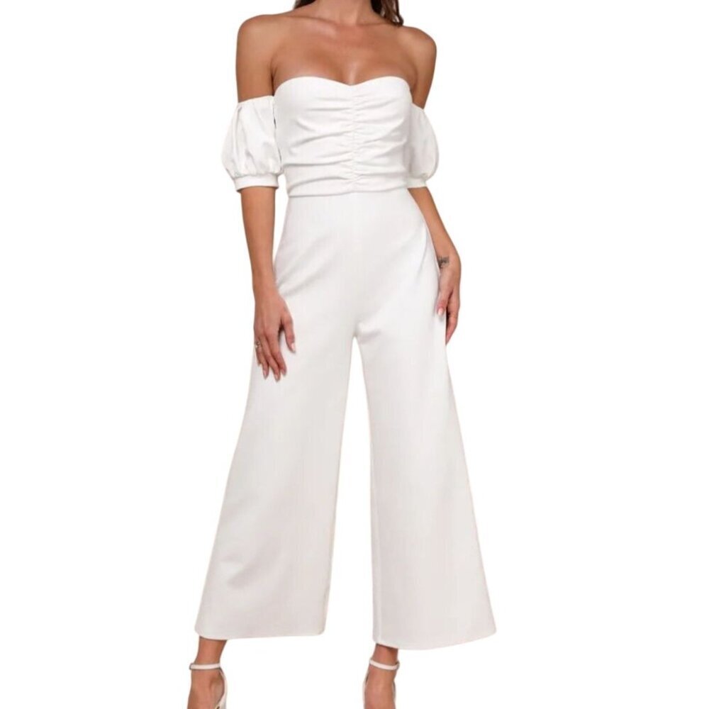 Lulus Off Shoulder Wide Leg  Jumpsuit L White Puff Sleeve Bridal Coastal Glam